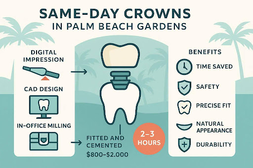 Same-day crowns process infographic showing digital impression, CAD design, in-office milling, and benefits like time saved, safety, precise fit, natural appearance, and durability, specific to PGA Dentistry in Palm Beach Gardens.